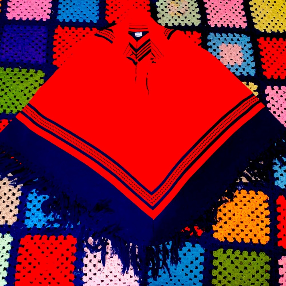 70s Vintage Poncho Shawl Cape Red & Blue Large Vtg L